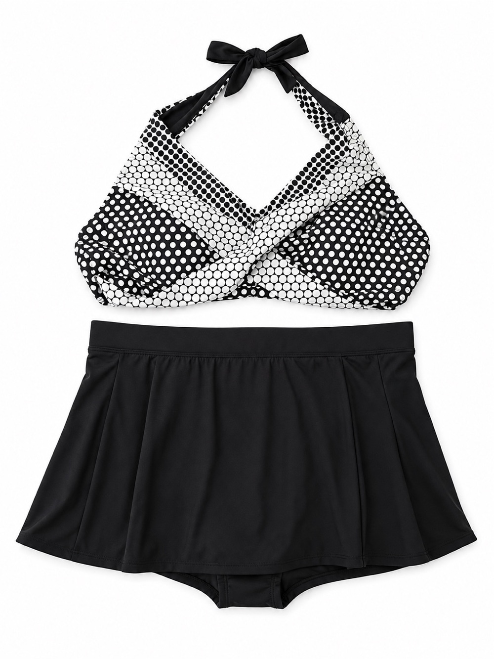 Aqua Green Black & White Polka Halter Bikini Top with Black Swim Skirt